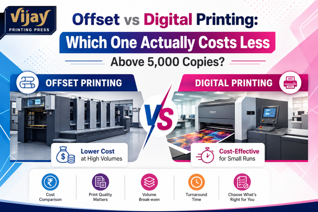 Offset vs Digital Printing: Which One Actually Costs Less Above 5,000 Copies? Offest vs Digital prinitng in Indore
